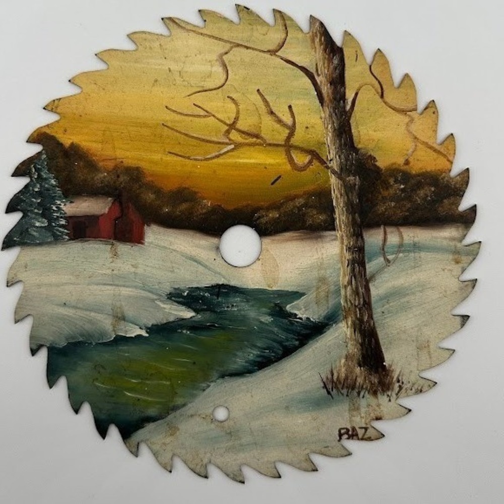 Hand Painted Circular Saw Blade Winter Landscape Cabin Stream Folk Art Signed